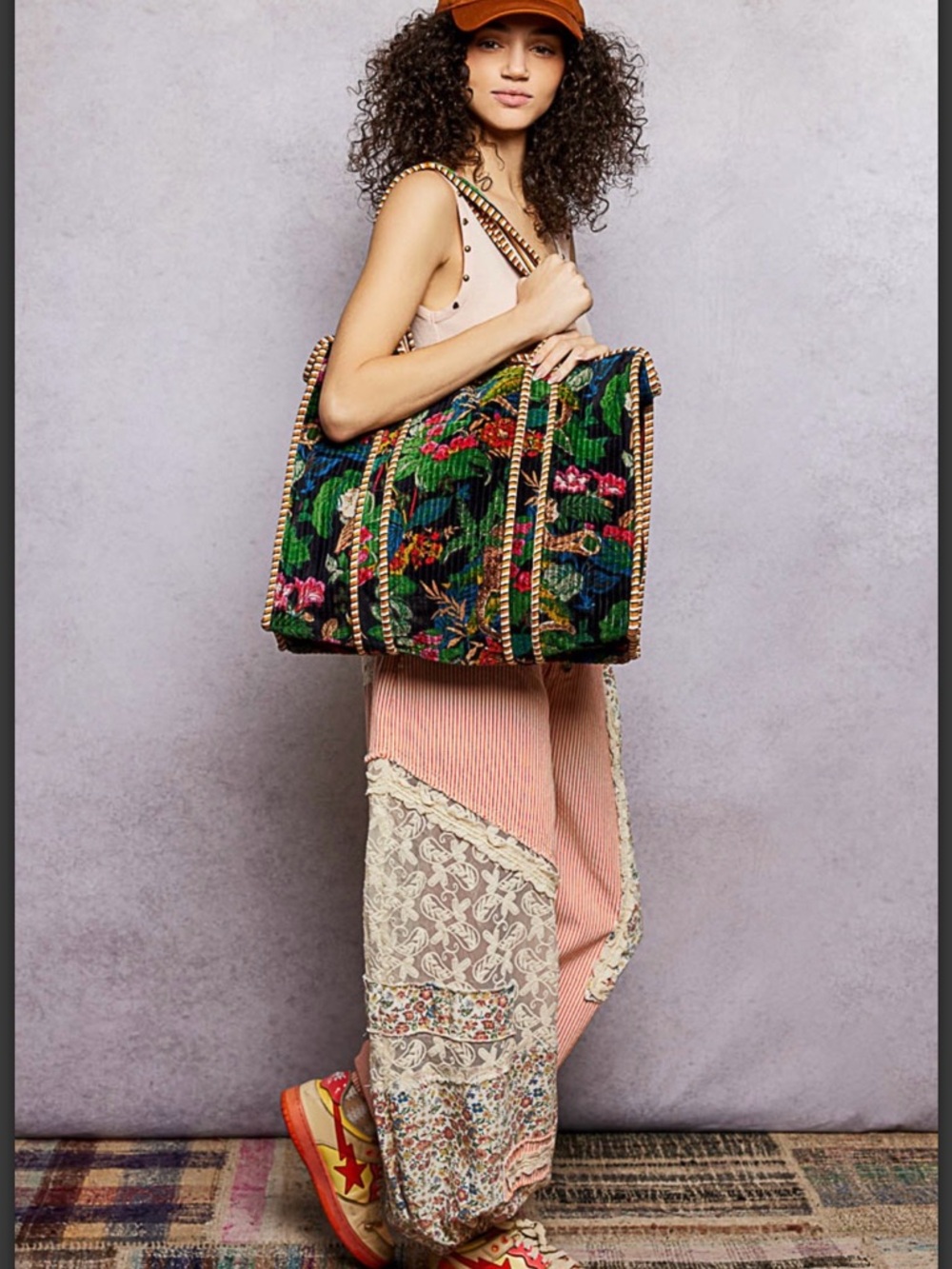 POL SMQP12 Floral Velvet Tote Bag with Striped Trim - Black Multi - Picture 3 of 10